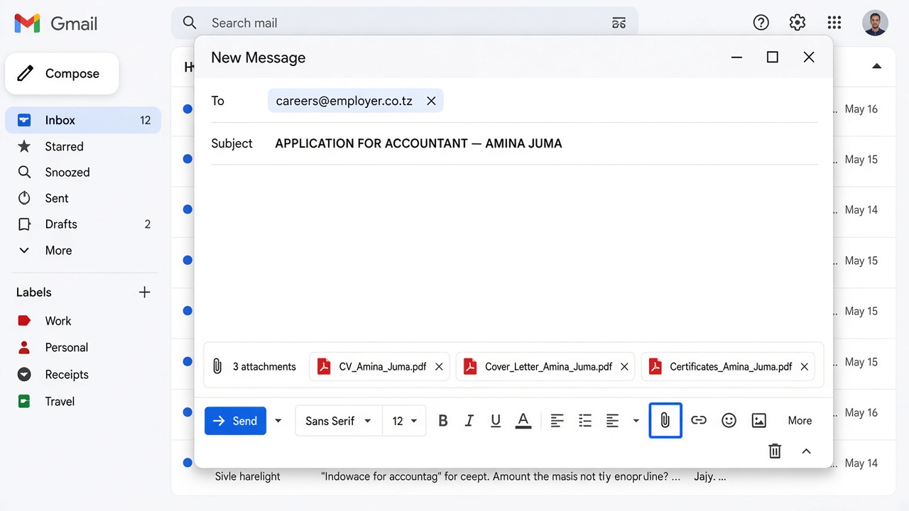 Gmail New message with the attach paperclip and three PDF files selected.