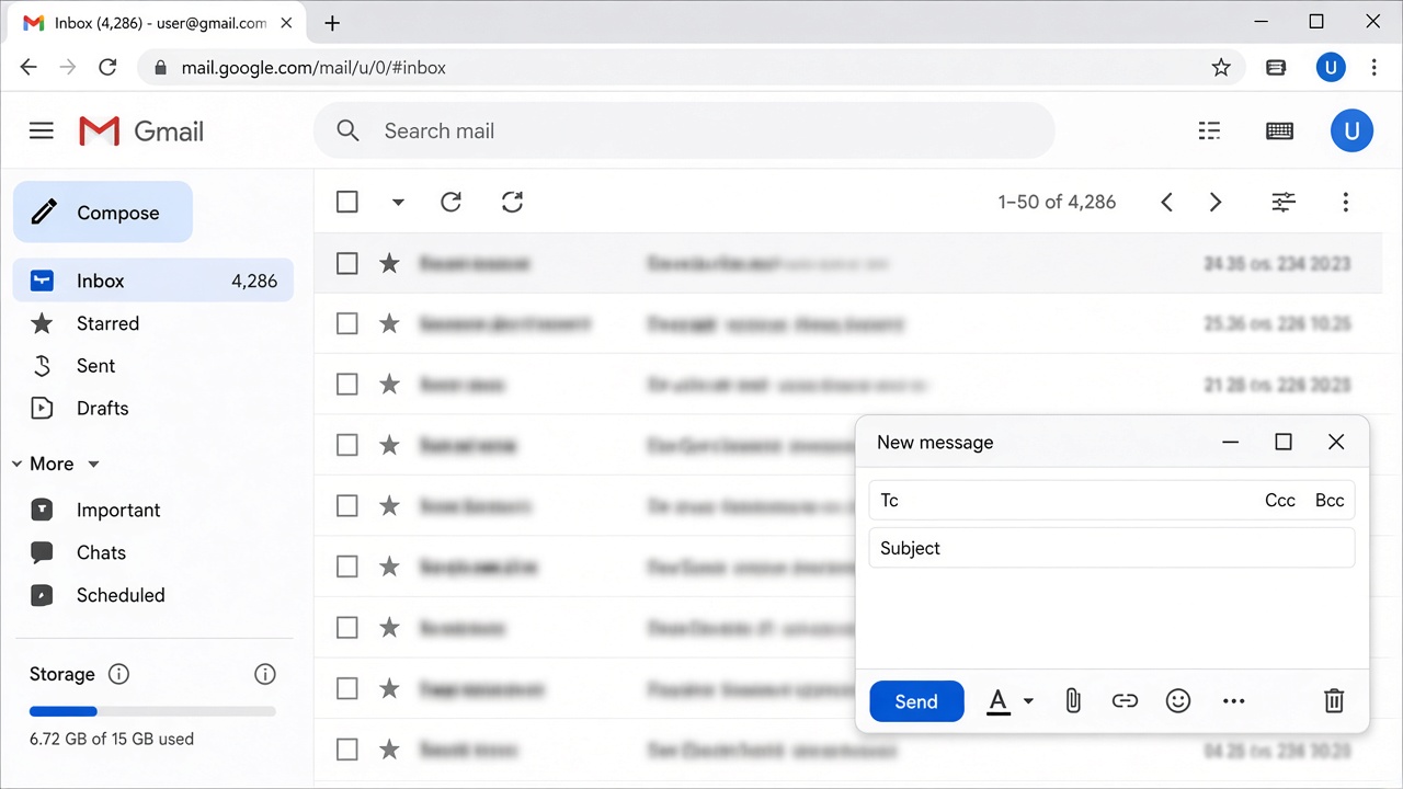 Gmail inbox with the Compose button and a New message box showing To, Cc, and Subject.