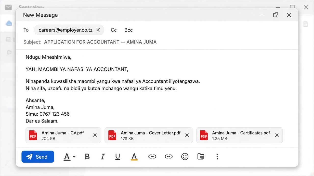 Completed Gmail application with recipient, subject, PDF attachments, message, and Send.