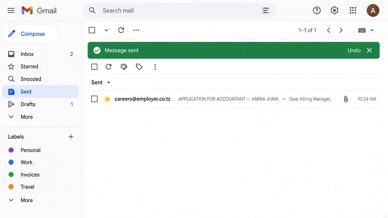 Gmail confirmation that the application email was sent and appears in Sent.
