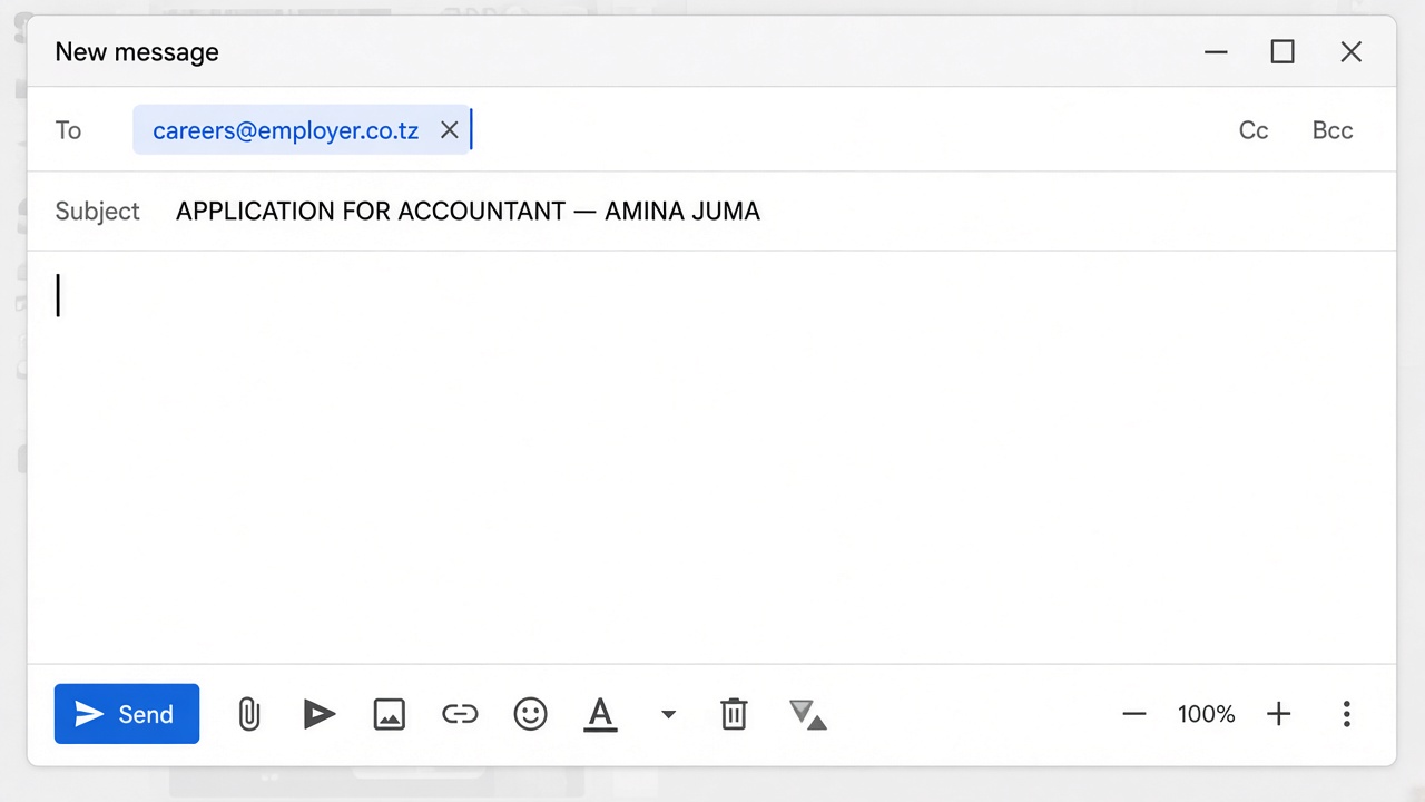 Gmail New message with To filled as careers@employer.co.tz and the job subject line.