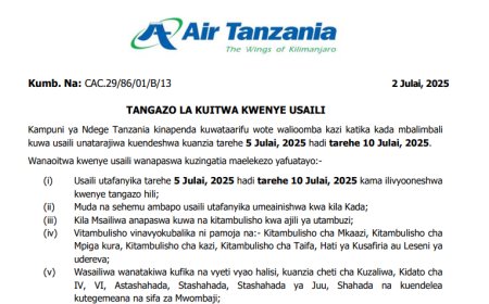 TANGAZO KUITWA KWENYE USAILI ATCL JULY 2025
